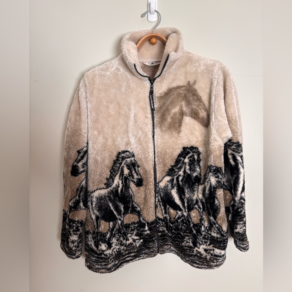 Black Mountain Horse Print Fleece Zip Up Jacket cozy size small